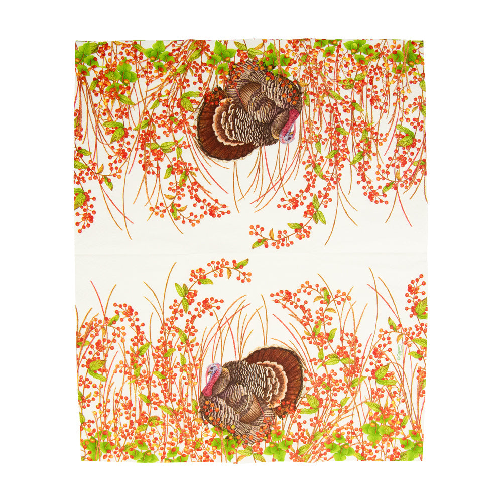 Caspari Turkey and Berries triple-ply paper guest towels perfect for Thanksgiving hosting and buffets.