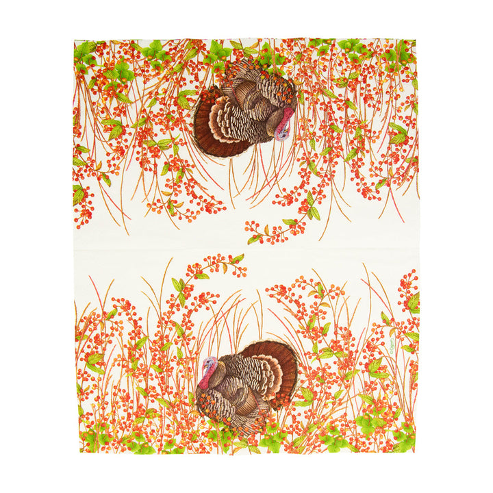 Caspari Turkey and Berries triple-ply paper guest towels perfect for Thanksgiving hosting and buffets.