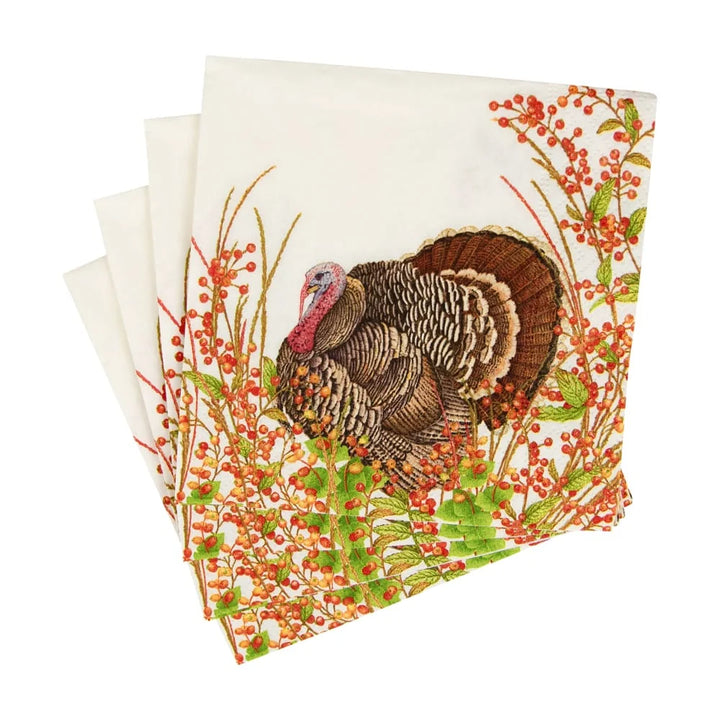 Caspari Turkey and Berries triple-ply paper cocktail napkins perfect for Thanksgiving entertaining.