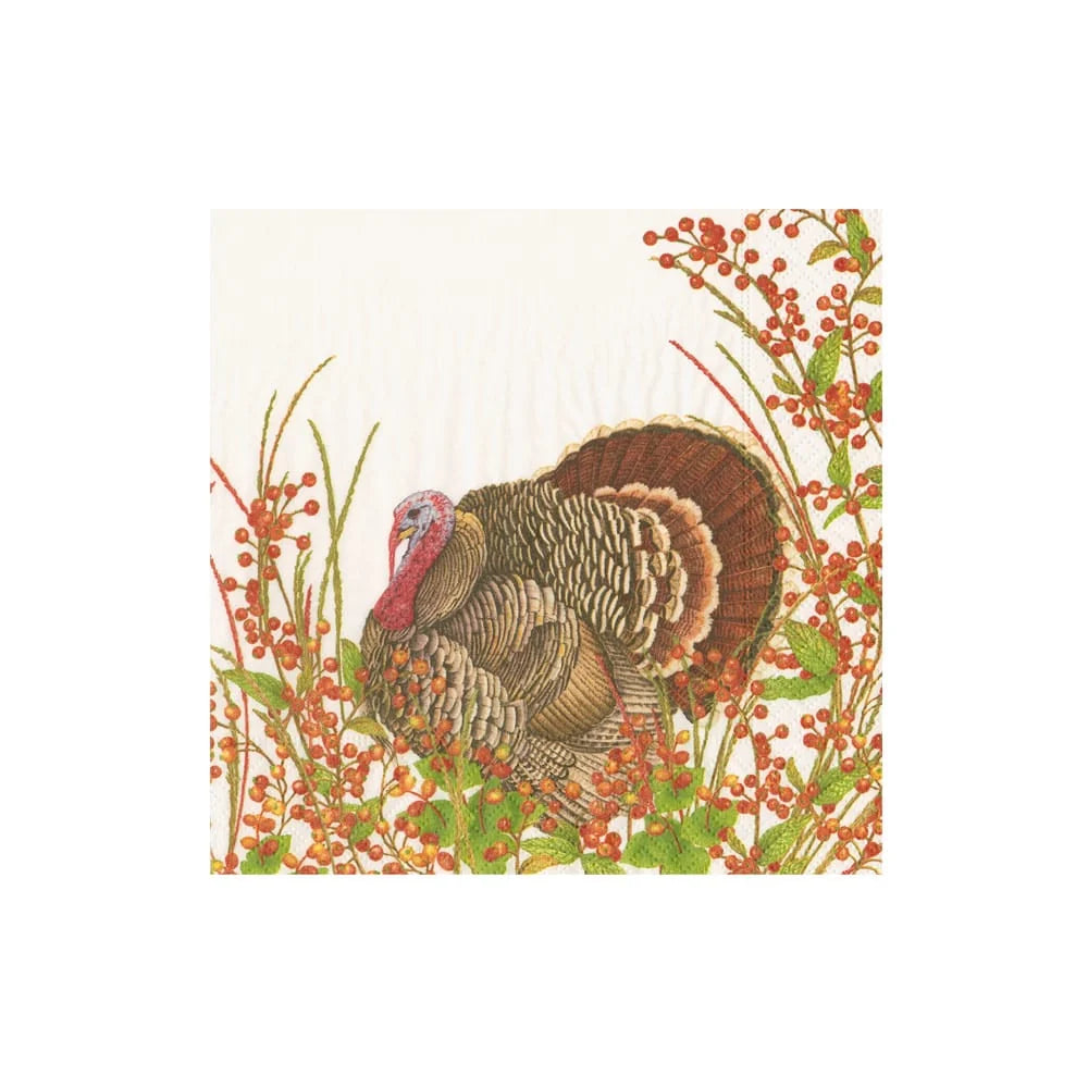 Caspari Turkey and Berries Cocktail Napkins featuring a handsome turkey, ilex berries, and wheat grasses.