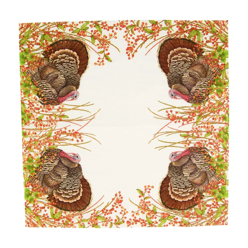 Caspari Turkey and Berries triple-ply paper cocktail napkins perfect for Thanksgiving entertaining.