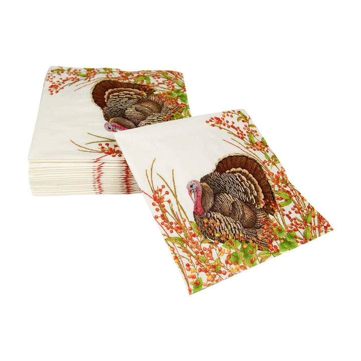 Caspari Turkey and Berries triple-ply paper cocktail napkins perfect for Thanksgiving entertaining.