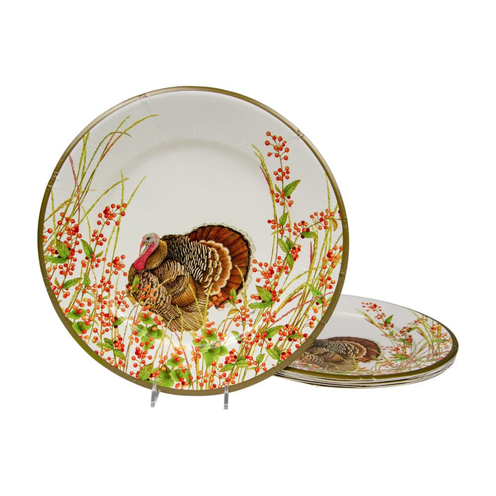 Caspari Turkey and Berries heavyweight paper dinner plates perfect for elegant Thanksgiving entertaining.