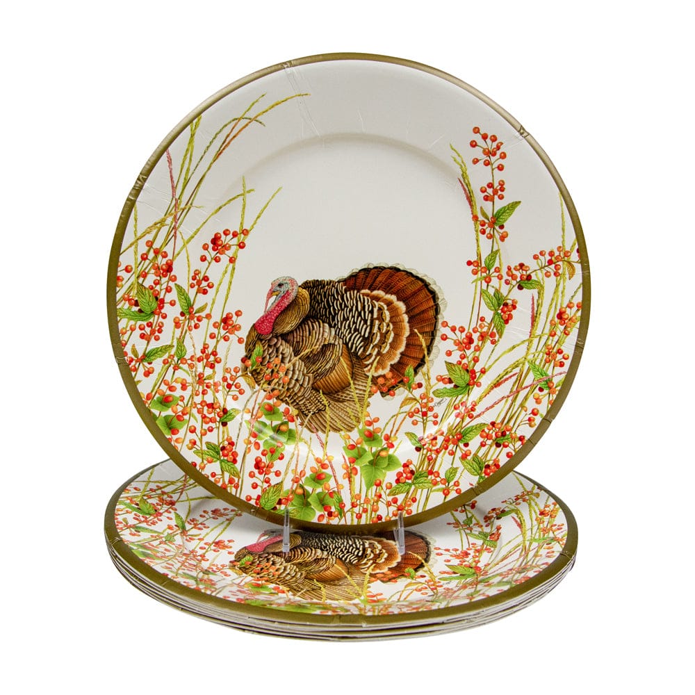Caspari Turkey and Berries heavyweight paper dinner plates perfect for elegant Thanksgiving entertaining.
