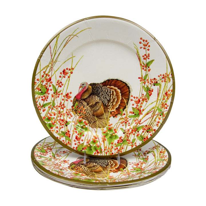 Caspari Turkey and Berries heavyweight paper dinner plates perfect for elegant Thanksgiving entertaining.