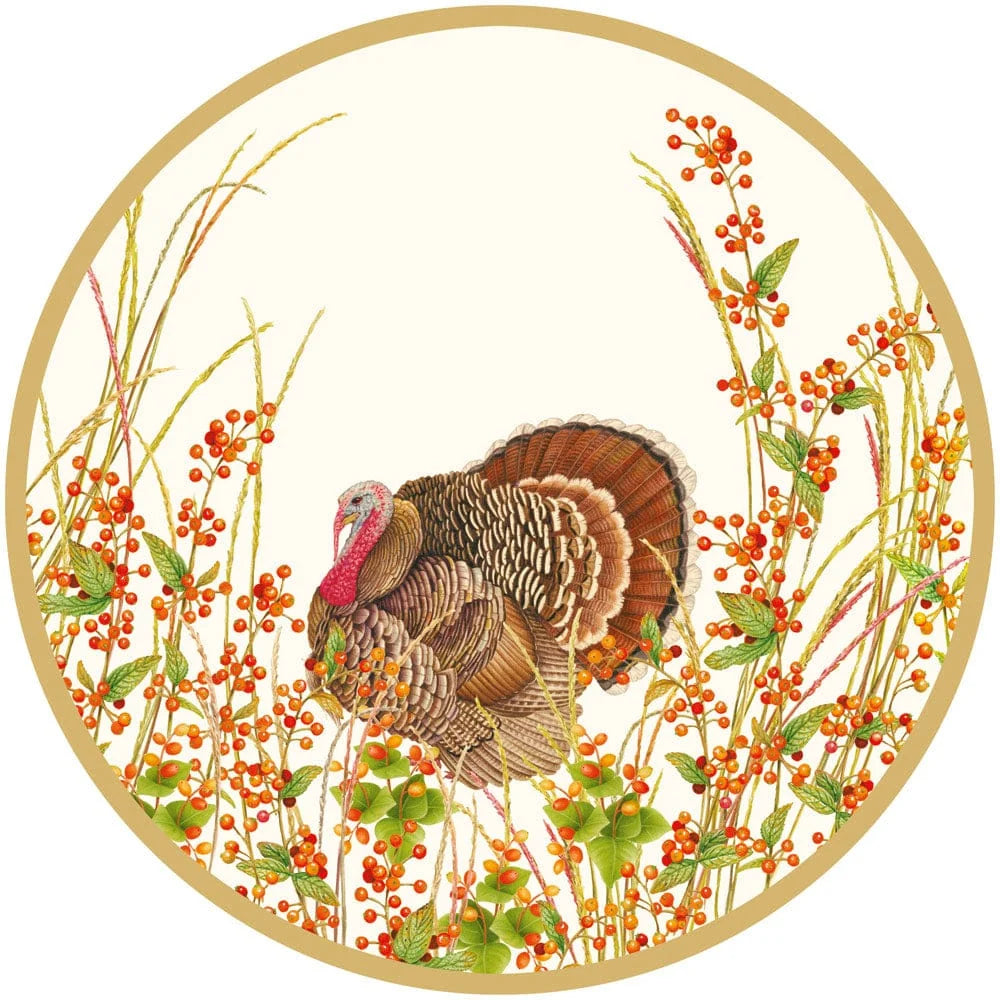 Caspari Turkey and Berries Paper Dinner Plates featuring a handsome turkey, ilex berries, and wheat grasses.
