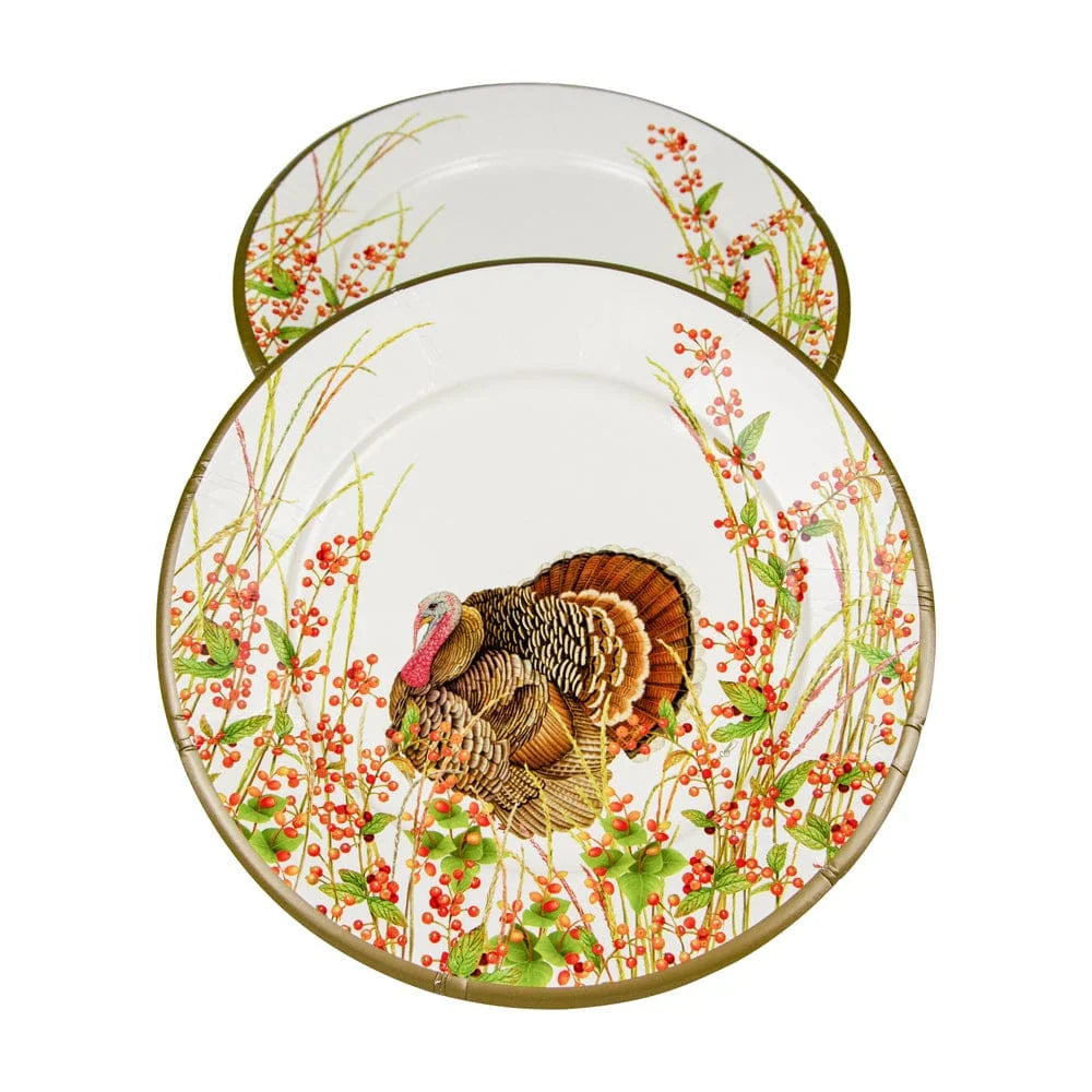 Caspari Turkey and Berries heavyweight paper dinner plates perfect for elegant Thanksgiving entertaining.