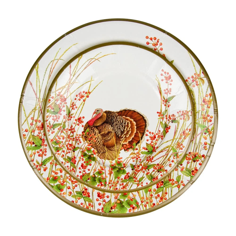 Caspari Turkey and Berries heavyweight paper dinner plates perfect for elegant Thanksgiving entertaining.