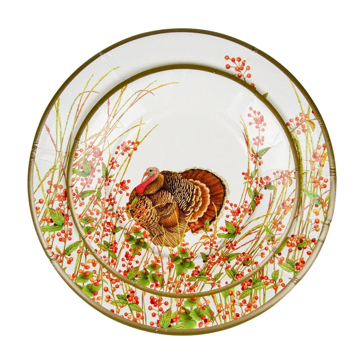 Caspari Turkey and Berries heavyweight paper dinner plates perfect for elegant Thanksgiving entertaining.