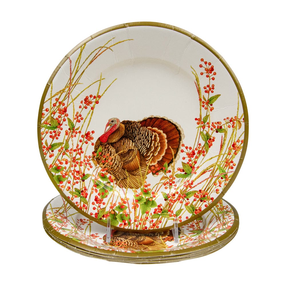 Caspari Turkey and Berries heavyweight paper salad and dessert plates perfect for elegant Thanksgiving entertaining.