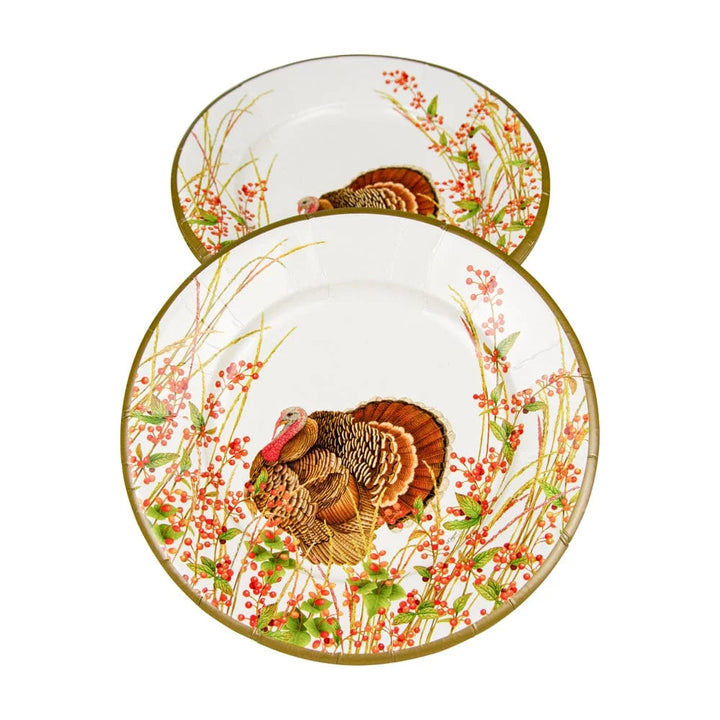Caspari Turkey and Berries heavyweight paper salad and dessert plates perfect for elegant Thanksgiving entertaining.