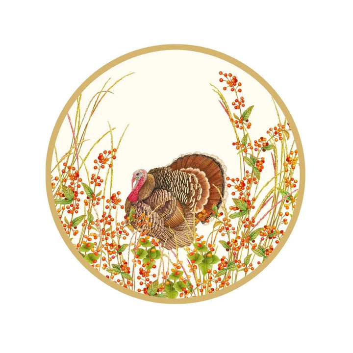 Caspari Turkey and Berries Salad &amp; Dessert Plates featuring a handsome turkey, ilex berries, and wheat grasses.