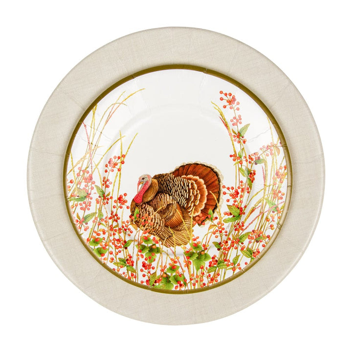 Caspari Turkey and Berries heavyweight paper salad and dessert plates perfect for elegant Thanksgiving entertaining.