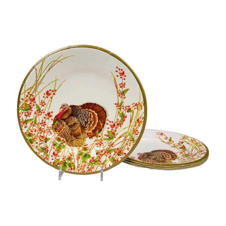 Caspari Turkey and Berries heavyweight paper salad and dessert plates perfect for elegant Thanksgiving entertaining.