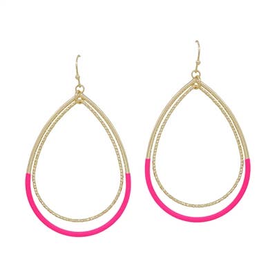 Hot Pink Color Coated Metal w/ Gold Teardrop 1.75" Earring