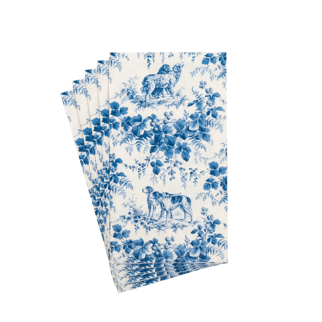 Caspari Hunting Toile blue and white triple-ply paper guest towels perfect for fall entertaining.