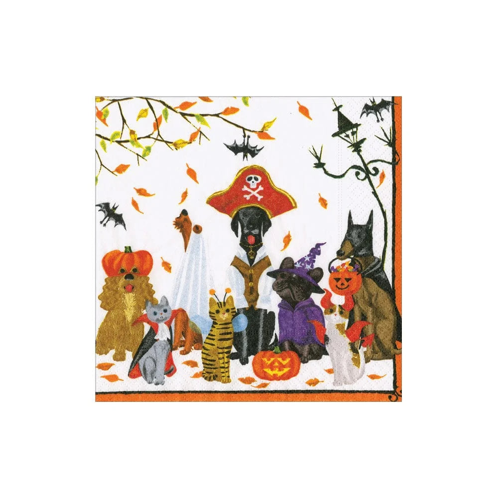 Caspari Halloween Pets Cocktail Napkins featuring adorable costumed cats and dogs ready for trick-or-treating.