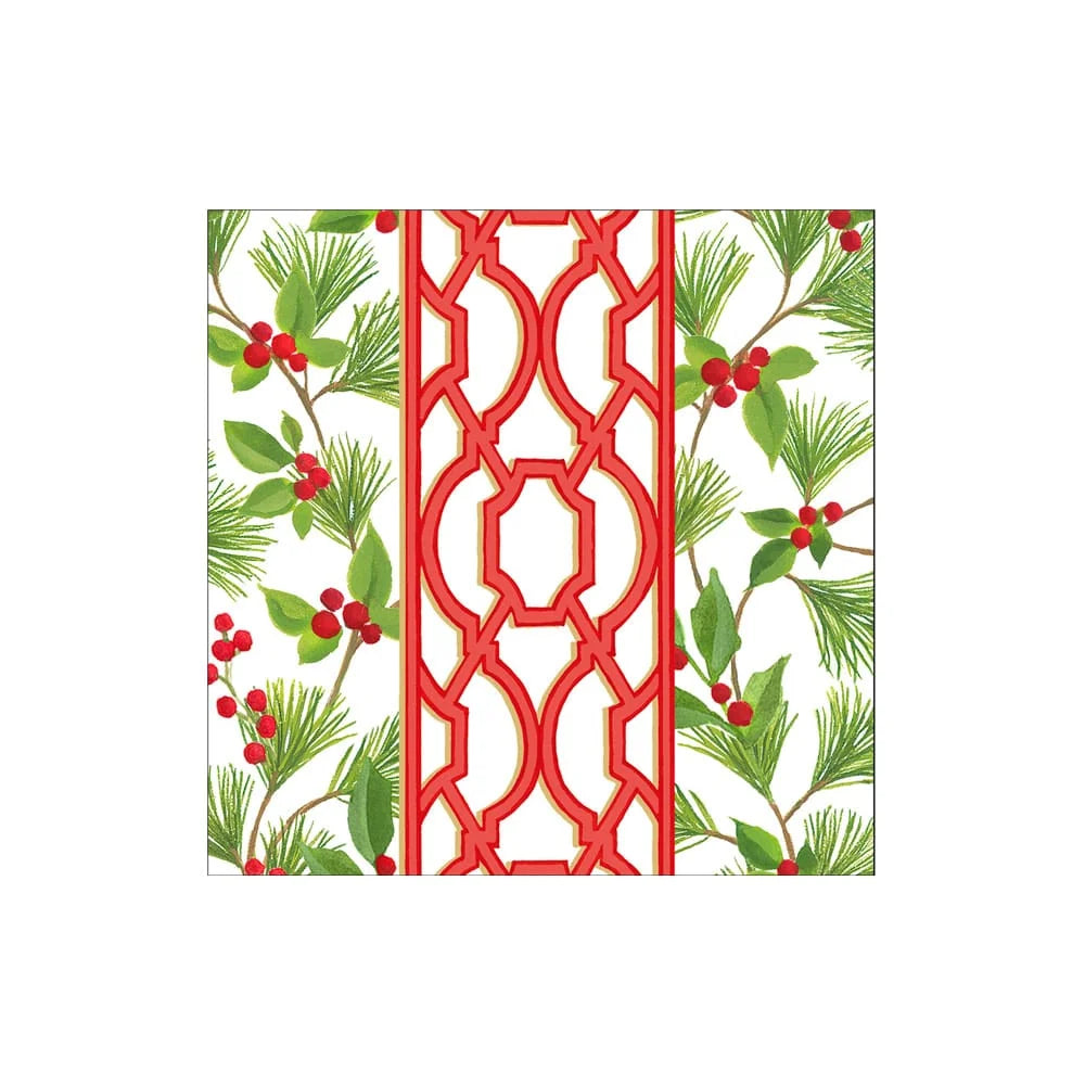 Caspari Knots and Greenery White Cocktail Napkins featuring a crisp red trellis wound with festive holly.
