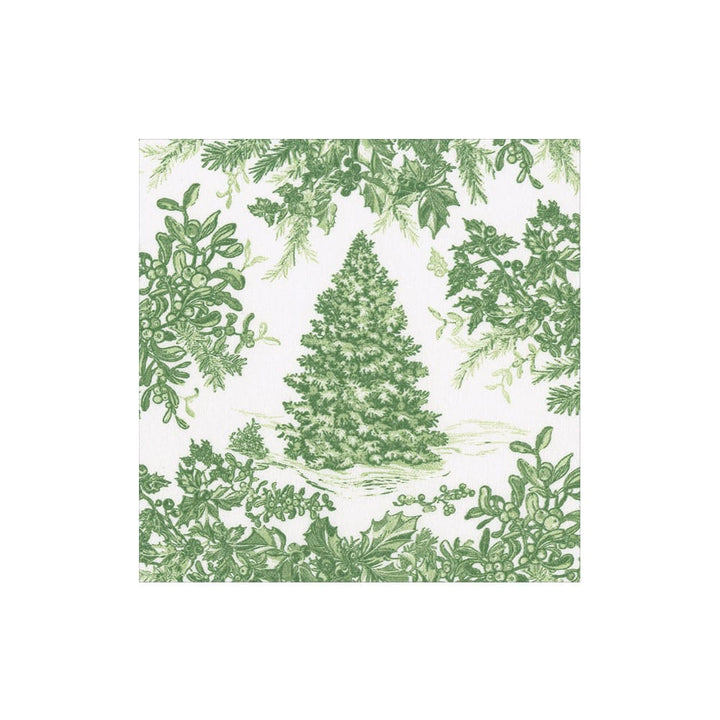 Caspari Christmas Tree Toile Sage Paper Linen Cocktail Napkins featuring a stately tree on a soft green background.