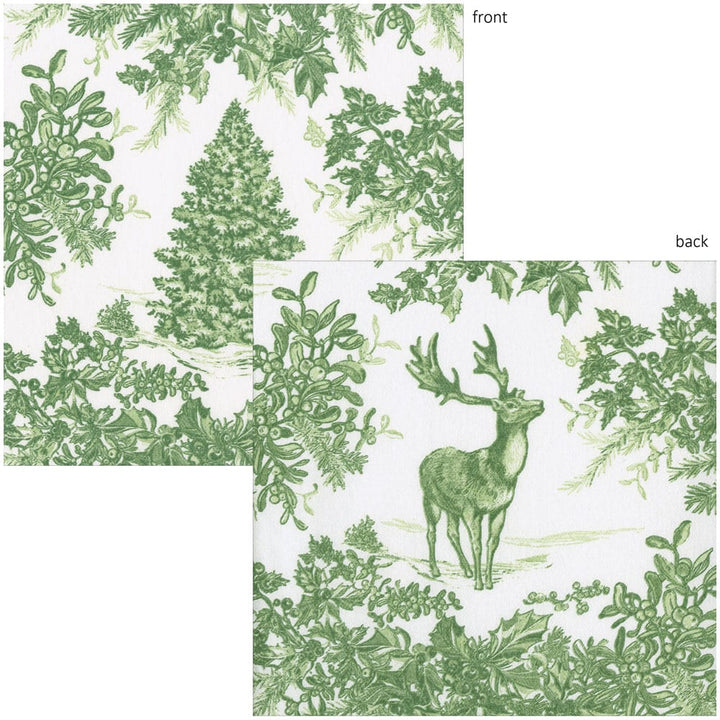 Caspari cloth-like paper linen holiday cocktail napkins in sage green toile.
