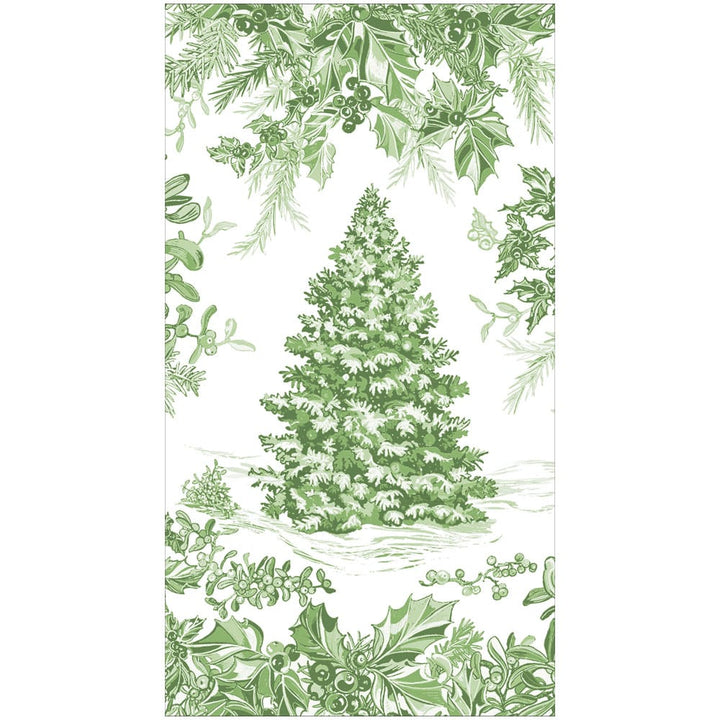 Caspari Christmas Tree Toile Sage Paper Linen Guest Towels featuring a detailed tree on a soft green background.