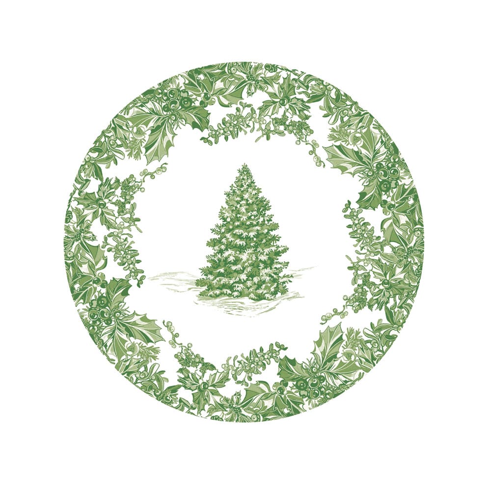 Caspari Christmas Tree Toile Sage Salad &amp; Dessert Plates featuring a detailed tree and a soft green toile border.