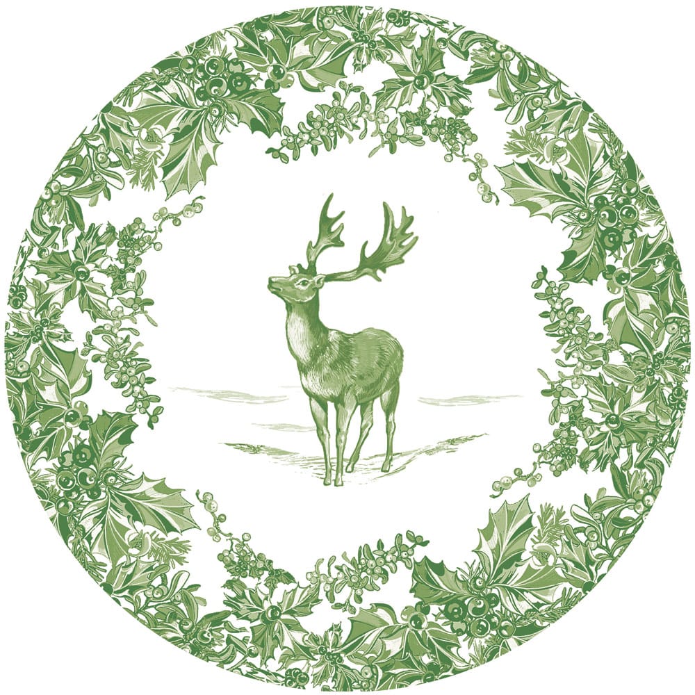 Caspari Stag Toile Sage Luxury Paper Dinner Plates featuring a graceful stag and a soft green toile border.