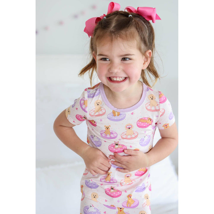 Two Piece Short Pajama Set | Poolside Pups Pink