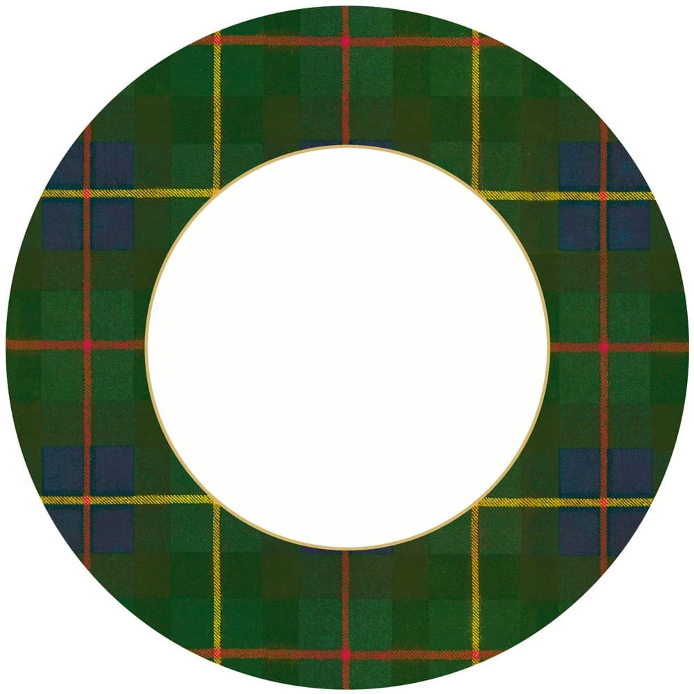 Caspari William Tartan Blue Luxury Paper Dinner Plates featuring a rich green and navy plaid rim.