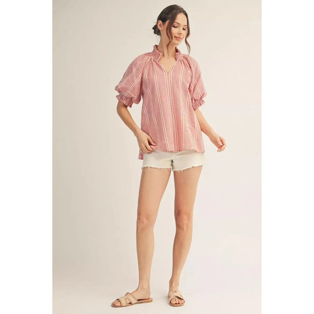 Chloe | Striped Ruffle Neck Puff Sleeve Textured Top
