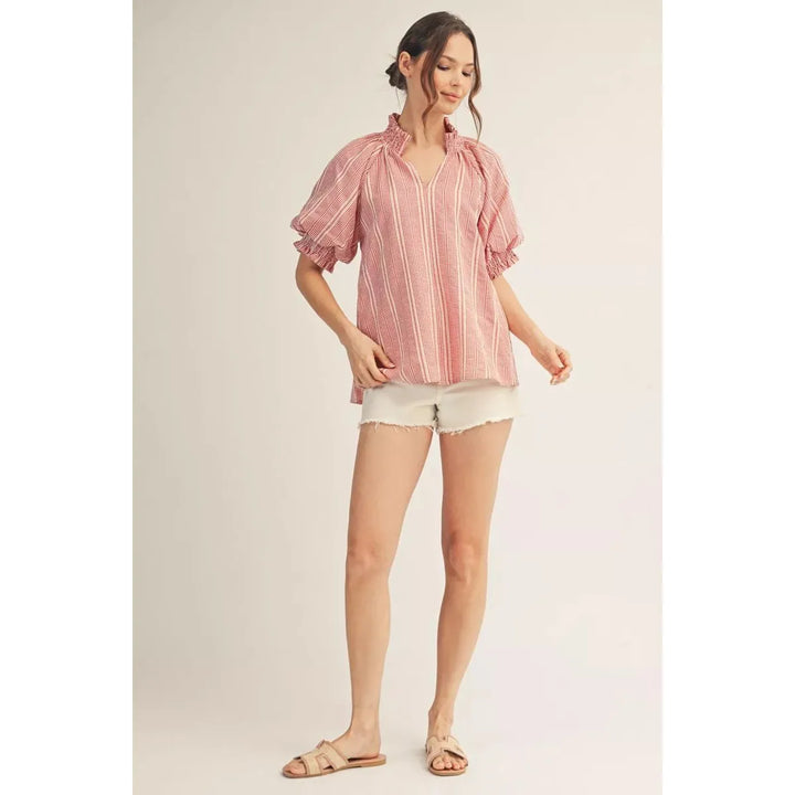 Chloe | Striped Ruffle Neck Puff Sleeve Textured Top