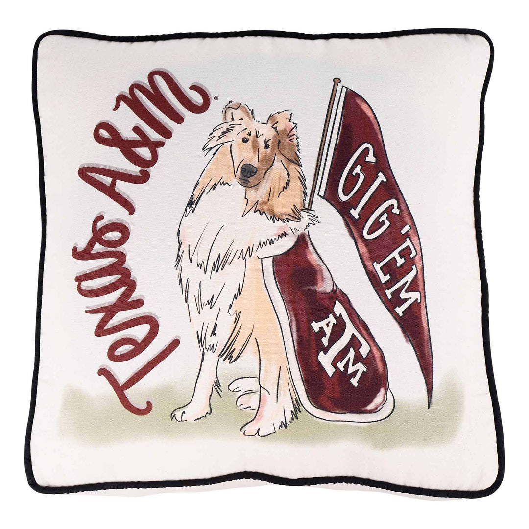 Glory Haus Texas A&amp;M Mascot throw pillow featuring a hand-painted illustration of the Aggie mascot with maroon and white team colors.