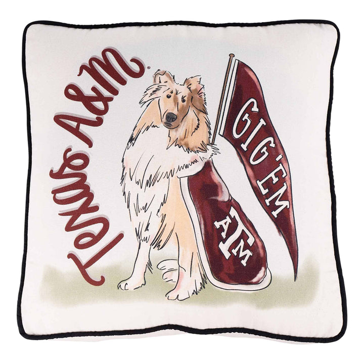 Glory Haus Texas A&amp;M Mascot throw pillow featuring a hand-painted illustration of the Aggie mascot with maroon and white team colors.