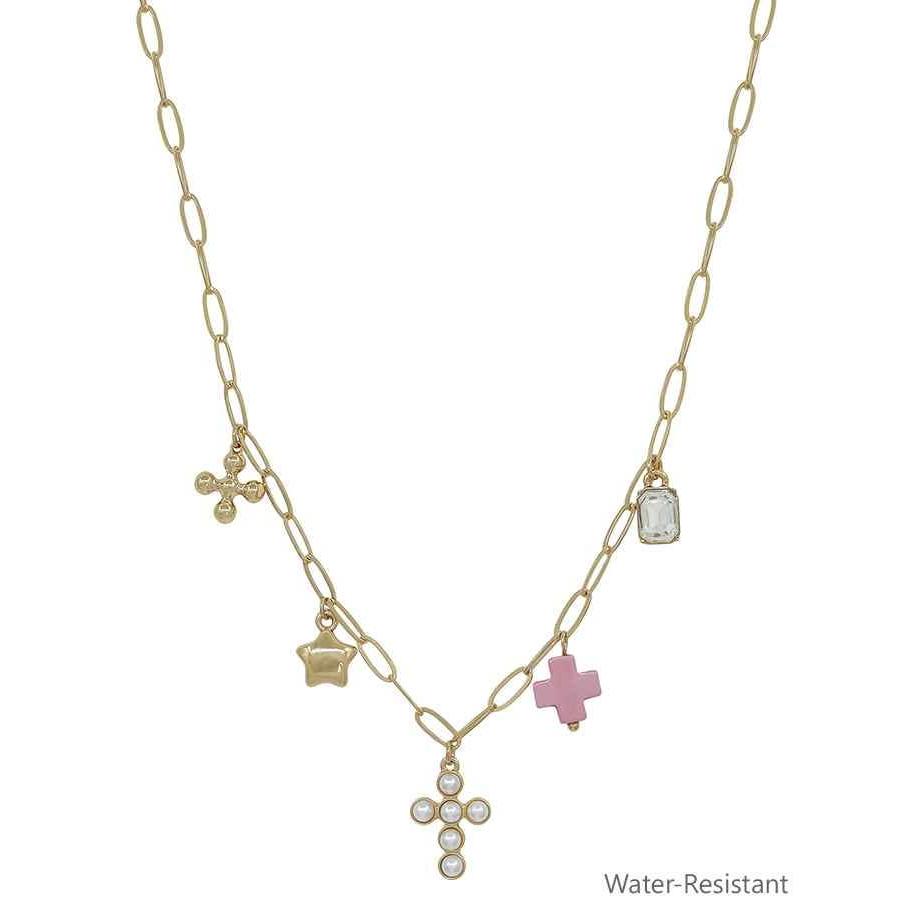 Water Resistant Gold Chain with Pearl Beaded Cross, Pink Cross, Star Charm 16"-18" Necklace