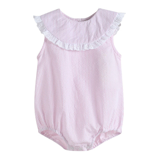 Classic Light Pink Seersucker Collared Baby Bubble Romper