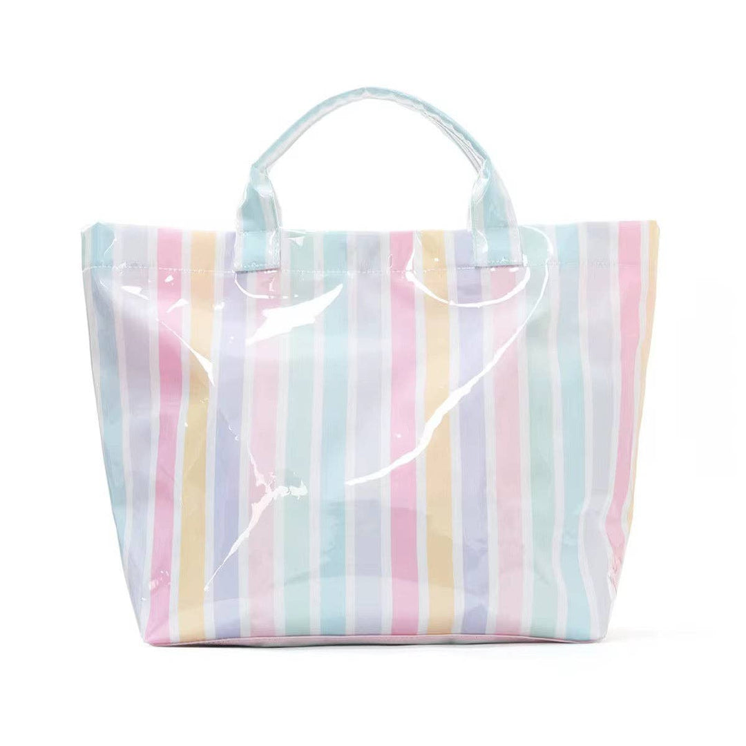 Happy striped vinyl beach tote bag in a colorful, bright pastel stripe pattern featuring top carrying handles.