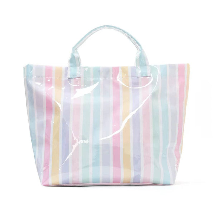 Happy striped vinyl beach tote bag in a colorful, bright pastel stripe pattern featuring top carrying handles.