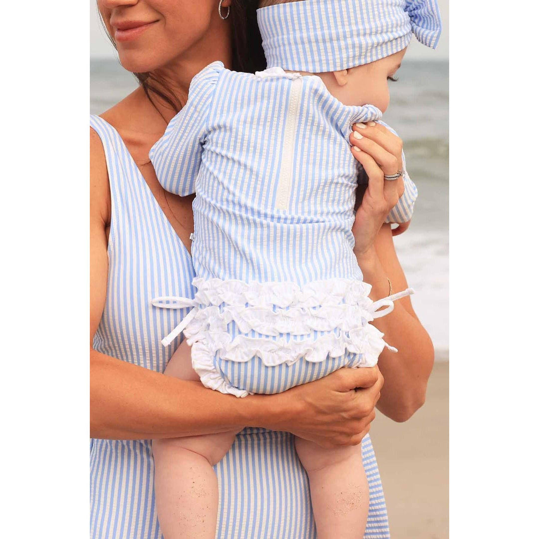 Long Sleeve Rash Guard With Ruffle Bottom | Seersucker Blue Wholesale