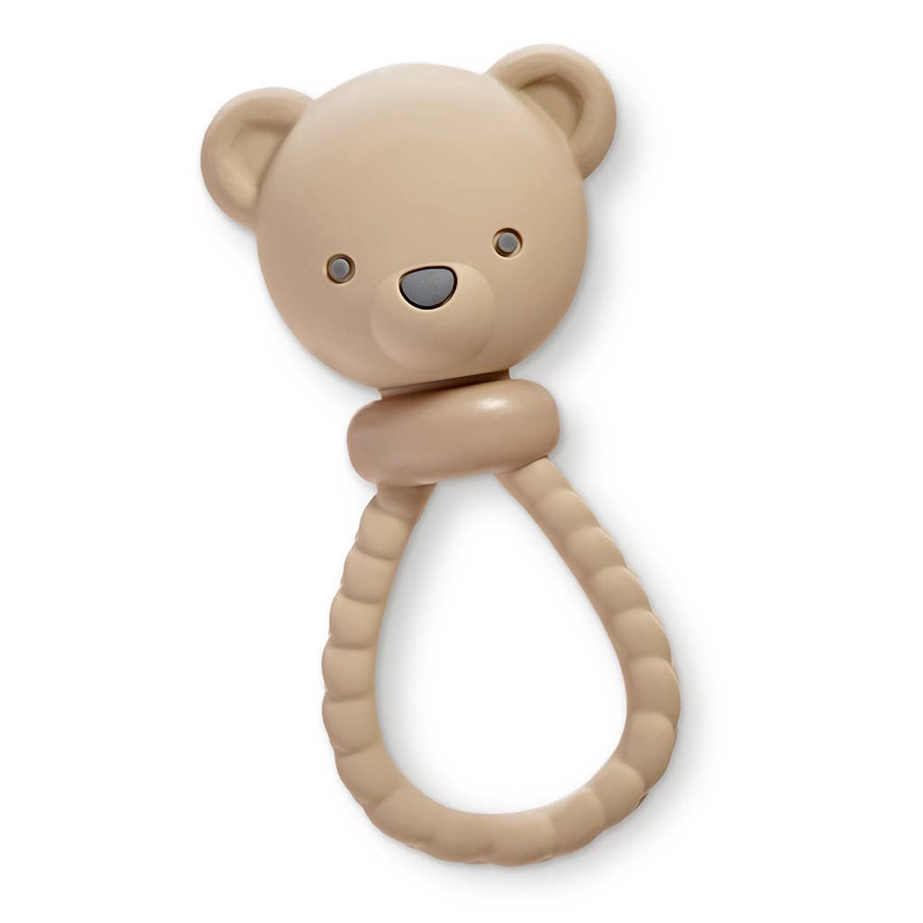 Beige teddy bear-shaped teething ring on a white background