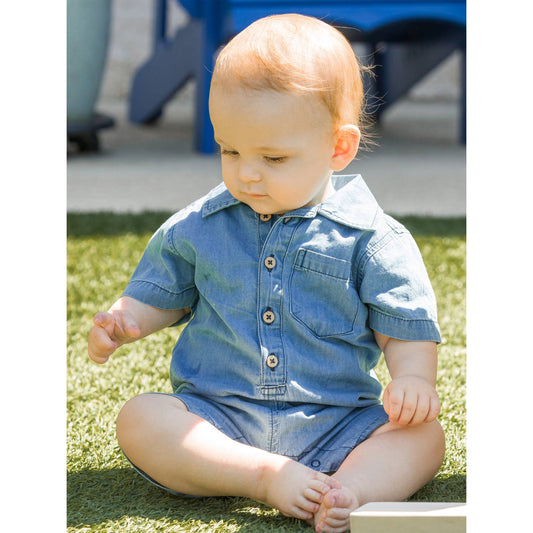 Baby Boys Light Wash Denim Button-Up Romper