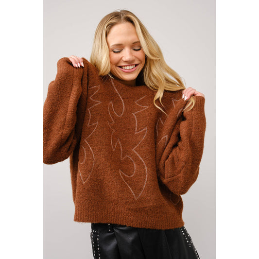 Western Boots Stitch Pattern Crew Neck Sweater
