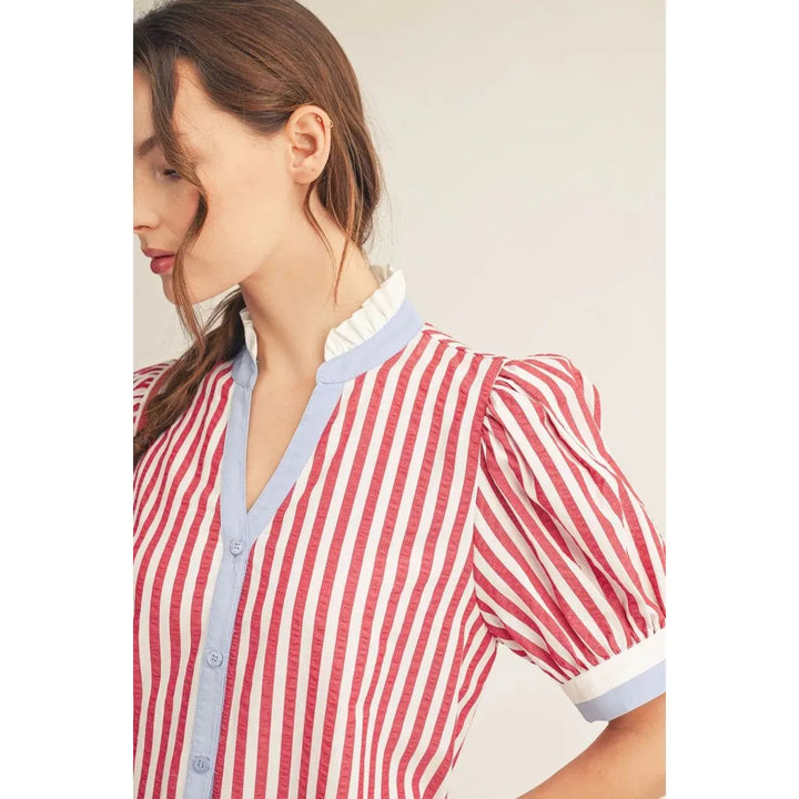 Grace Stripe Puff Sleeve Shift Dress in Red