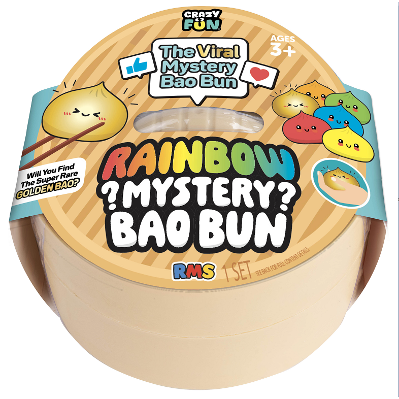 Crazy Fun Mystery Bao Bun fidget toy in packaging, featuring a white squishy dumpling with a kawaii face and a mystery reveal container.
