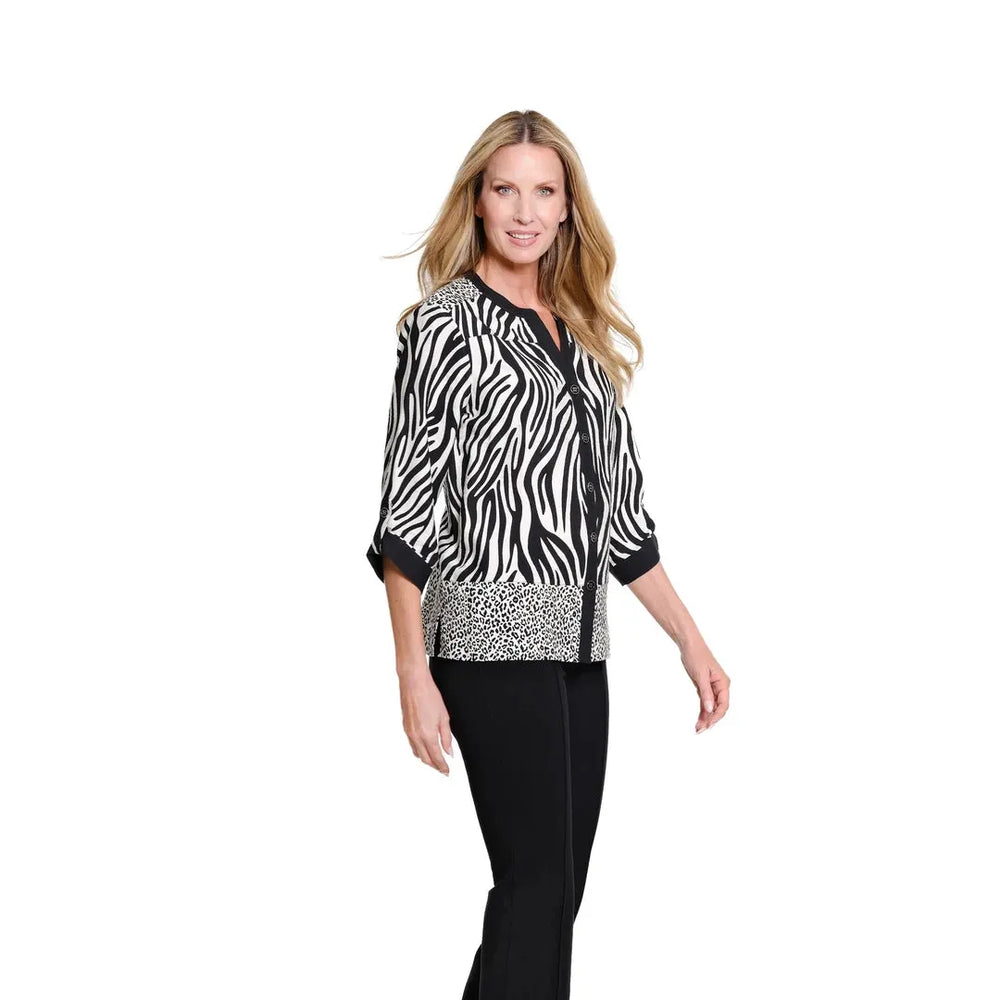 Multiples Tab Sleeve Drop Shoulder Woven Shirt featuring a multi-color print, band collar, and button front.