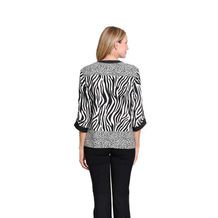 Multiples Tab Sleeve Drop Shoulder Woven Shirt featuring a multi-color print, band collar, and button front.