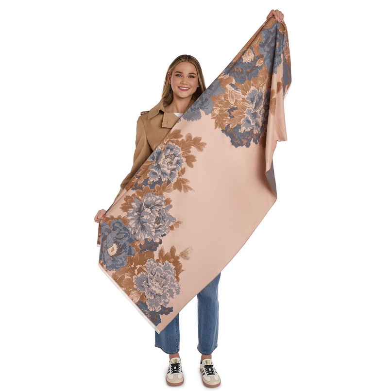 Two's Company Studio Floral Motif Shawl featuring an elegant double-sided floral design.