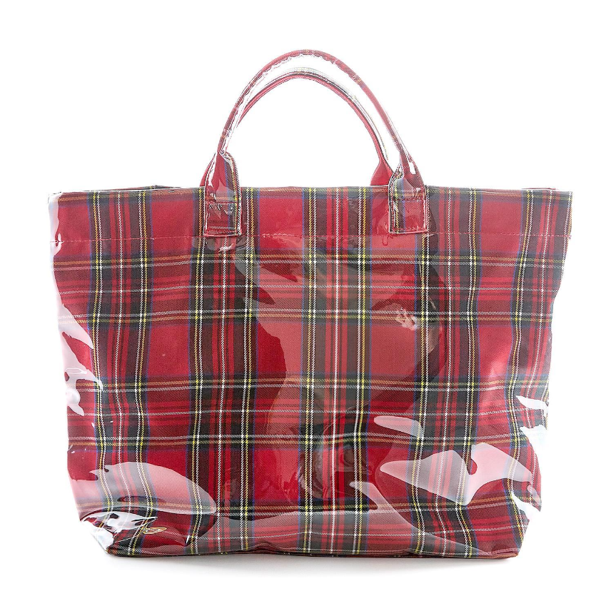 Two's Company Tartan Tote Bag featuring a classic red holiday plaid pattern.
