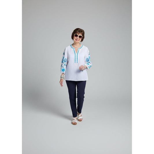 Multiples 3/4 puff sleeve top in [Color] featuring a notch neck and intricate embroidery on the sleeves.