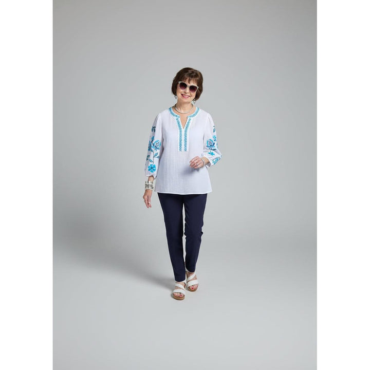 Multiples 3/4 puff sleeve top in [Color] featuring a notch neck and intricate embroidery on the sleeves.