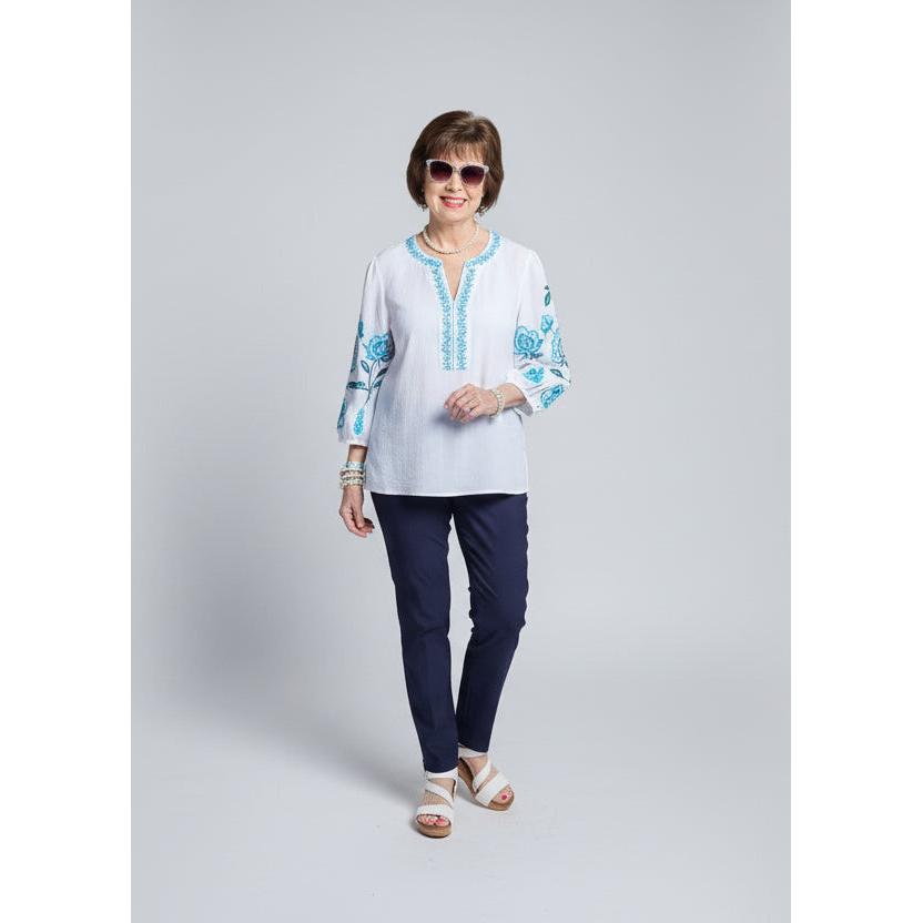 Multiples Embroidered 3/4 Puff Sleeve Top - Notch Neck Banded Blouse
